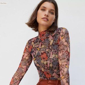 Anthropologie Floral Mesh Mock-Neck Top in Pink and Rust